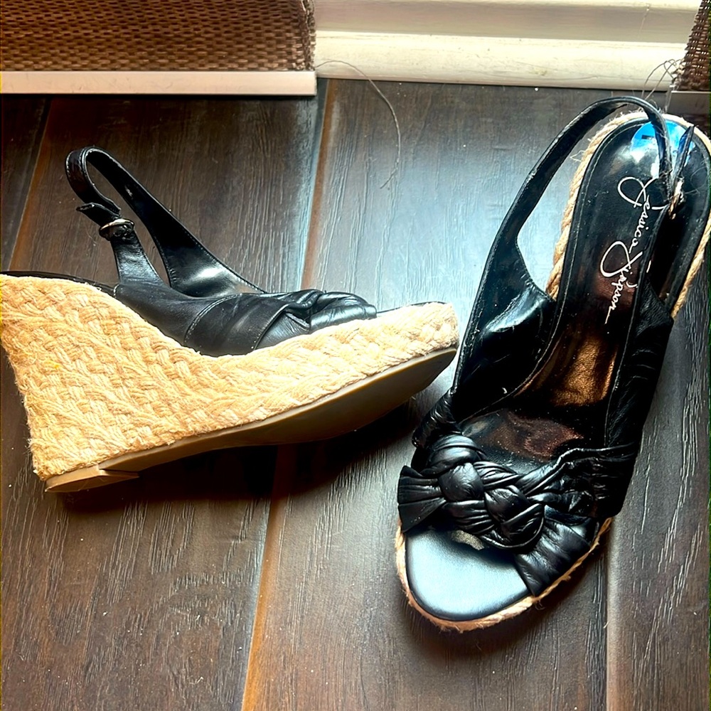 Jessica Simpson Black Leather Slingback Wedges